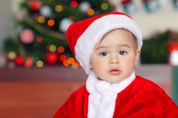 Portrait of a cute little Santa Claus, pretty boy wearing red festive costume having fun at home, happy Christmas time - Photo, Image