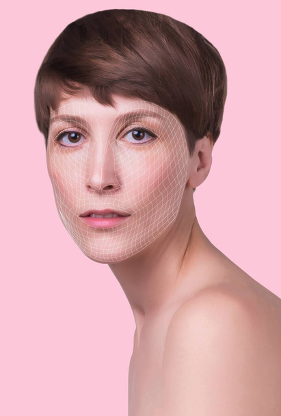 Young female with clean fresh skin. Beautiful woman. Female face and neck. Portrait of young caucasian woman at studio isolated on pastel. Short haircut, long neck, perfect skin. Lifting by gold thread concept - Fotoğraf, Görsel
