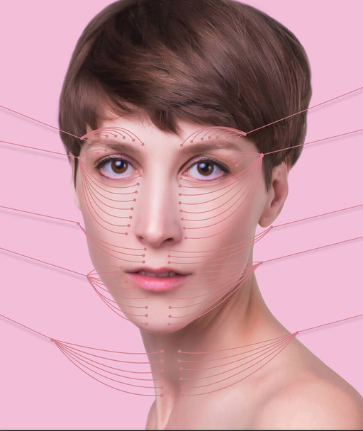 Young female with clean fresh skin. Beautiful woman. Female face and neck. Portrait of young caucasian woman at studio isolated on pastel. Short haircut, long neck, perfect skin. Lifting by gold thread concept - Foto, immagini