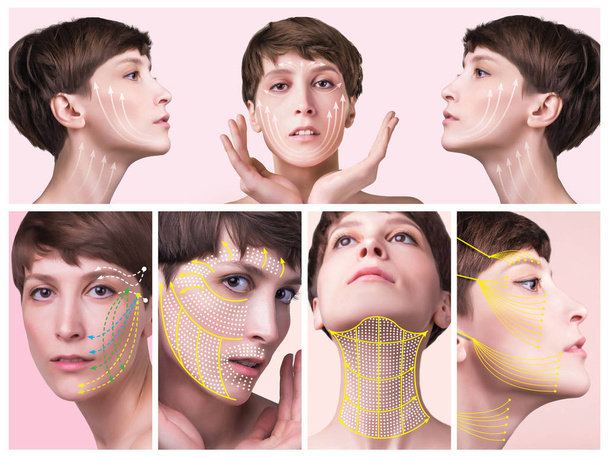 The young female face. Antiaging and thread lifting concept. Collage. Portrait of young caucasian woman at studio isolated on pastel. Short haircut, long neck, perfect skin - Fotografie, Obrázek