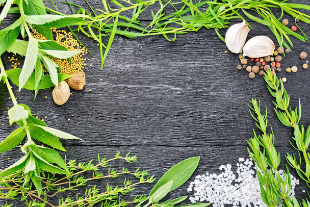 Frame of savory leaves, tarragon, sage and thyme, salt, nutmeg, mustard seeds, pepper and garlic on the background of wooden boards - Photo, image