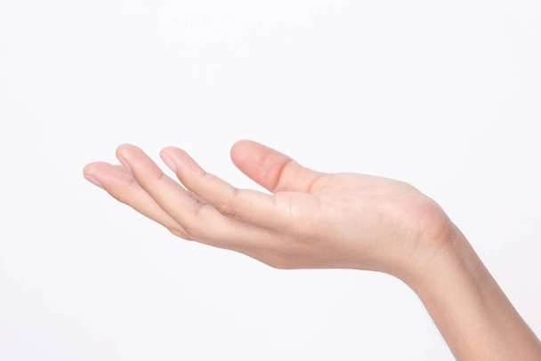 Side view of Woman hand showing on white background - Foto, afbeelding