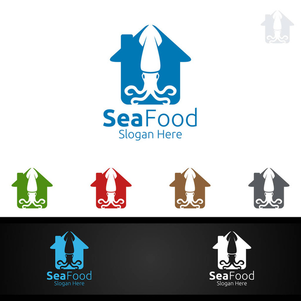 Logotipo de marisco de lula para restaurante ou café
 - Vetor, Imagem