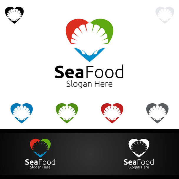 Rakkaus Kampasimpukat Seafood Logo ravintolaan tai kahvilaan
 - Vektori, kuva