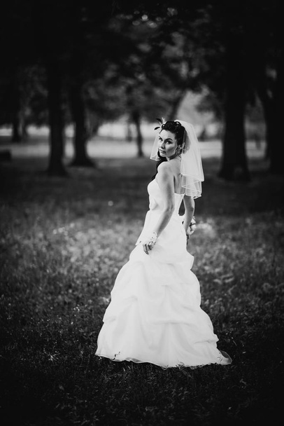 Black white photography beautiful young bride stand on  background forest - Zdjęcie, obraz