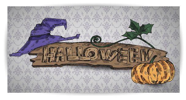 Pumpkin,hat and banner Halloween. Vector illustration - Vector, Image