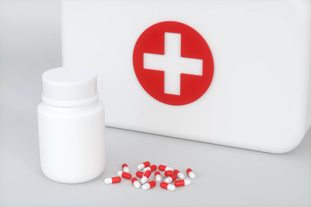 Orvosi készlet és sürgősségi orvosi felszerelés fehér háttérrel, 3D-s renderelés. - Fotó, kép