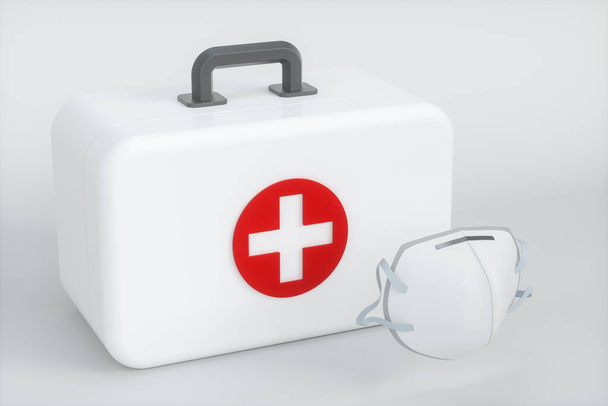 医療キットと白い背景を持つ緊急医療機器、 3Dレンダリング. - 写真・画像