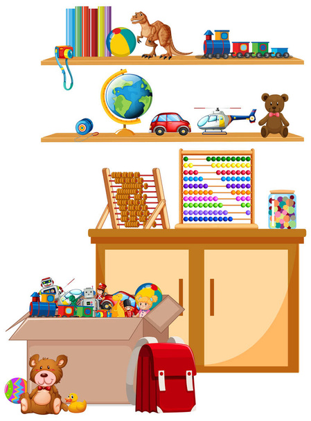 Prateleira e caixa cheia de brinquedos em fundo branco - Vetor, Imagem