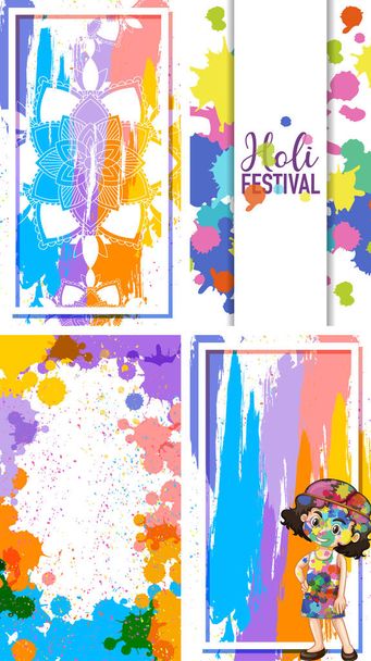 Cuatro diseños de marco para el festival Holi con colorido pa acuarela
 - Vector, imagen