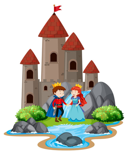 Сцена з принцом і принцесою біля великих веж замку
 - Вектор, зображення