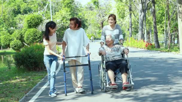 Boldog ázsiai család, idős nő, mozgássérült nagymama járókerékkel és tolószékkel, lánya, tini unoka élvezi a sétát a szabadtéri parkban, gyermek lány és anya támogatása, gondoskodás az idősek - Felvétel, videó