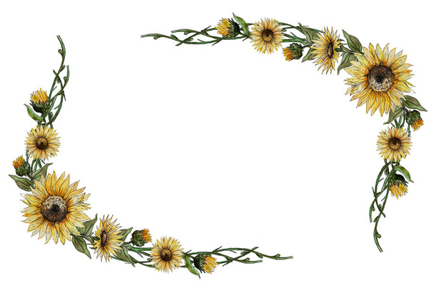 Watercolor hand painted square wreath frame of flowers of buds of leaves of stalks of a sunflower. - Φωτογραφία, εικόνα