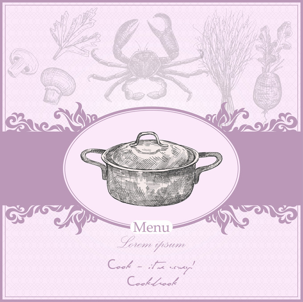 Cubierta de menú vintage con olla de cocina. ilustración vectorial
 - Vector, Imagen
