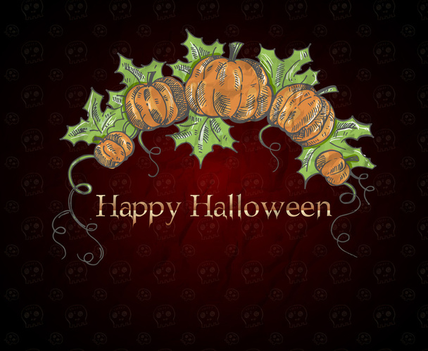 Halloween card with pumpkins on dark red background. Vector illustration - Vector, Image