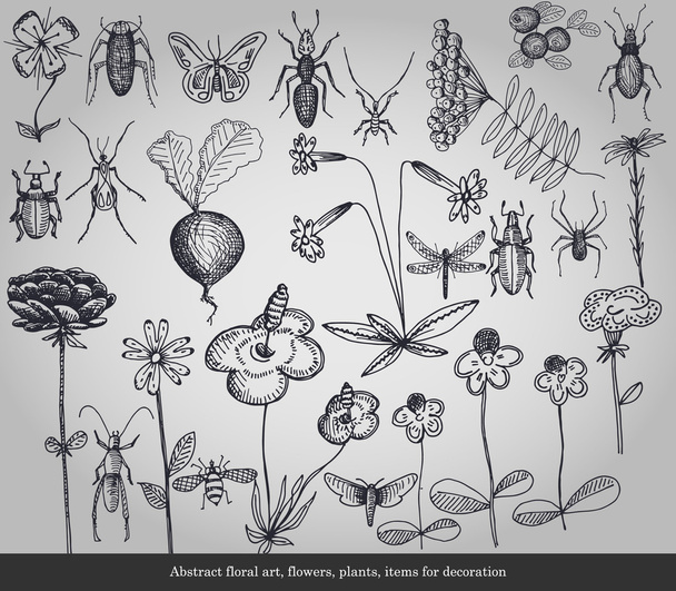 Arte floral abstrata, flores, plantas, itens para decoração em fundo cinza
 - Vetor, Imagem