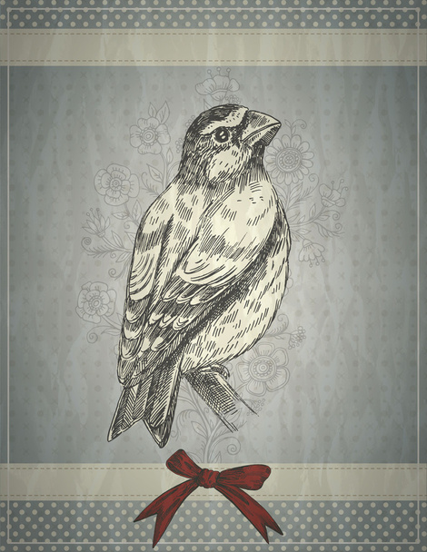 Greeting card retro style with bird and red bow - Vecteur, image