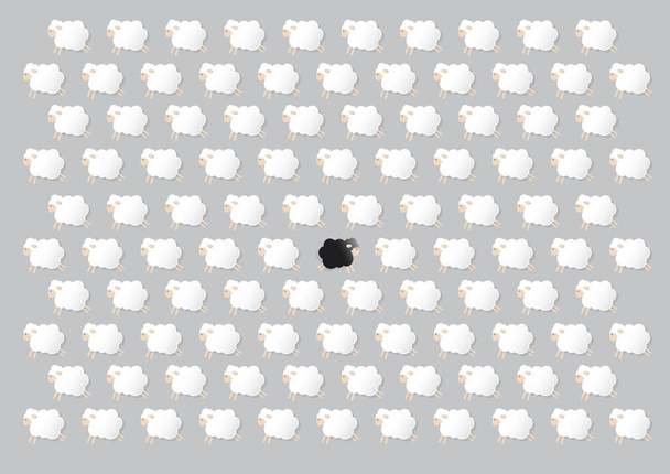 Concept idea, un mouton noir en groupe de nombreux moutons blancs sur fond de couleur grise dans le style de coupe de papier, vecteur plat et illustration
. - Vecteur, image