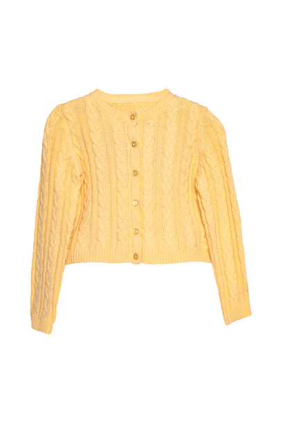 Girls clothes. Festive beautiful yellow little girl sweater or knitted cardigan isolated on a white background. Children and kids fashion. - Valokuva, kuva