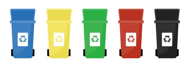 Garbage cans vector flat illustrations. Sorting garbage. Ecology and recycle concept. Colorful open recycle trash bins isolated on white background. - Vector, Image