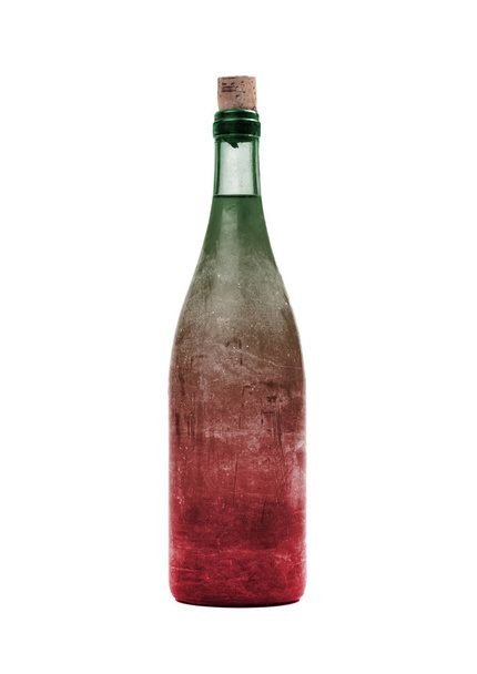 Old bottle of red and green liquid, covered in dust, isolated on white - Fotoğraf, Görsel