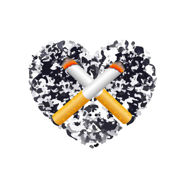 Cigarette on black heart shape. Stop smoking, World no tobacco day. Smoking is harmful to human organs. Resulting in organ damage and premature. Illustration on white background. - Vector, Image