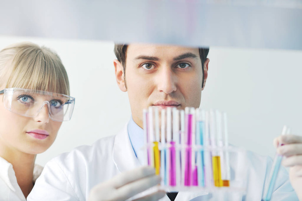 science and research biology chemistry an dmedicine  youn people couple in bright modern  lab - Foto, Imagem