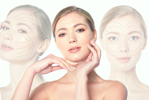 collage portrait of a young beautiful woman with drawn massage lines on her face. skin lifting concept. Close-up portrait of beautiful, fresh, healthy girl over white background - Photo, Image