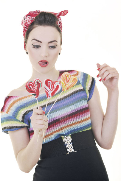 happy young woman with lollipo candy isolated on white - Foto, afbeelding