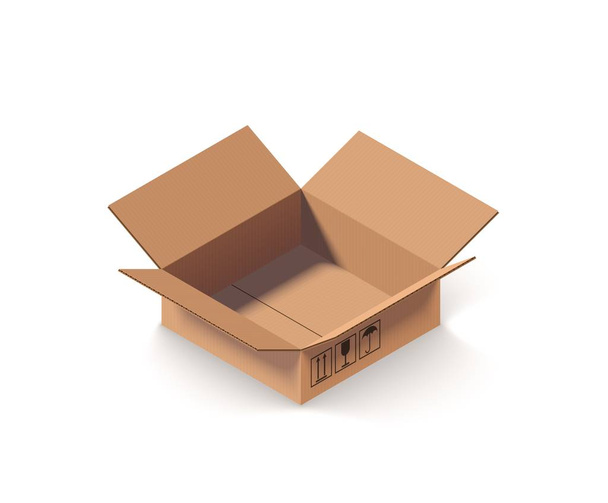 Порожня відкрита картонна коробка ізольована на білому
 - Вектор, зображення