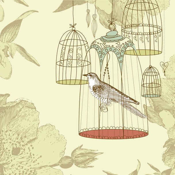 Card with a bird in the cage - Διάνυσμα, εικόνα