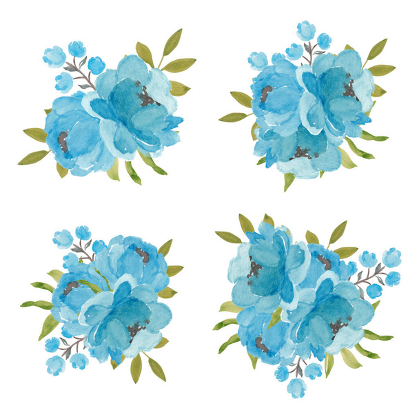 Σύνολο από μπλε λουλούδι παιώνια μπουκέτο σε στυλ ακουαρέλα - Διάνυσμα, εικόνα