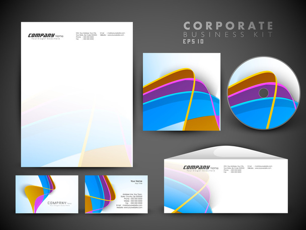 Professional corporate identity kit or business kit with artistic, abstract wave effect for your business includes CD Cover, Business Card, Envelope and Letter Head Designs in EPS 10 format. - Vector, Image
