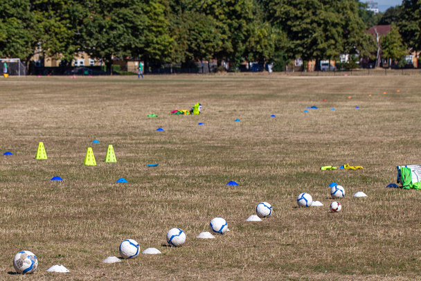 Deri futbol topları ve koniler bir parkın çimlerine serilmiş.. - Fotoğraf, Görsel