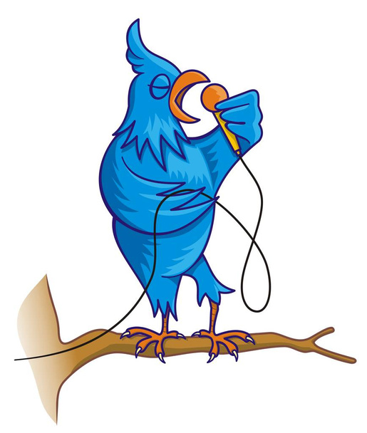 Blue bird cartoon on tree branch with microphone singing - Foto, Imagem