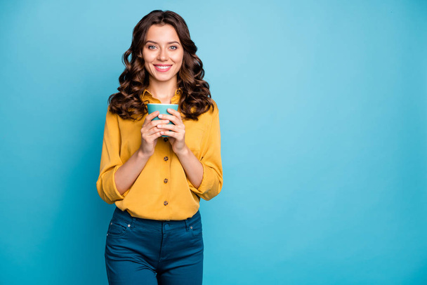Portrait of her she nice attractive lovely cute charming cheerful cheery wavy-haired girl drinking warm milk isolated over bright vivid shine vibrant green blue turquoise color background - Photo, Image