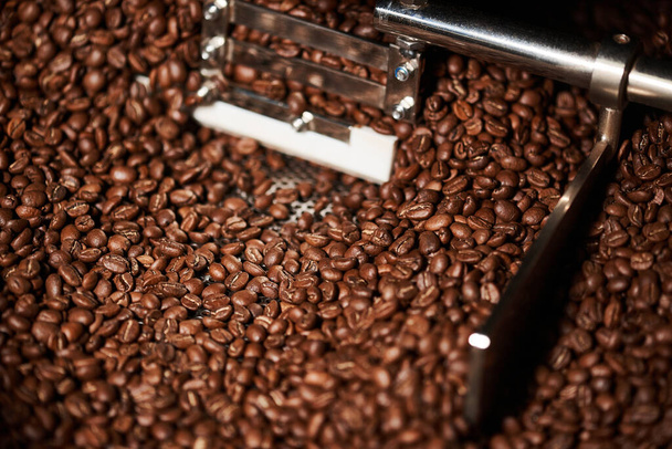 Thoroughly roasted coffee in a coffee roasting machine. Close-up. - Photo, Image