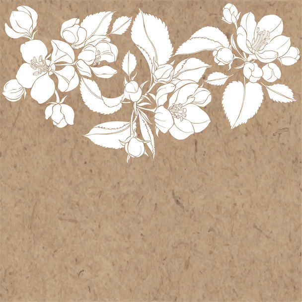 Floral vector background with blooming apple tree branches and place for text on kraft paper. Perfect for greeting cards and invitations or an element for your design. Horizontal composition. - Διάνυσμα, εικόνα