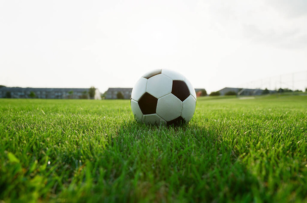 Classic soccer ball in the grass field - Fotoğraf, Görsel