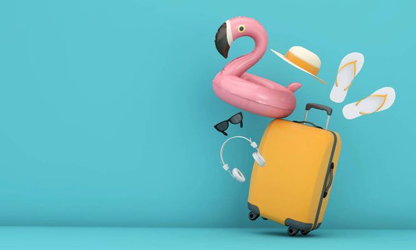 Summer holiday background with suitcase and pink flamingo. 3D Rendering - Photo, Image