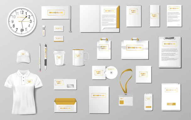 Corporate identity template design. Realistic Business Stationery mockup for shop. Stationery and uniform, paper pack, package for your brand. Vector illustration - Vektör, Görsel