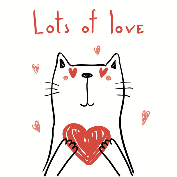 Ilustración vectorial dibujada a mano de un lindo gato divertido sosteniendo un corazón con texto Mucho amor aislado sobre fondo blanco. Diseño plano de estilo escandinavo. Concepto para niños print
  - Vector, Imagen