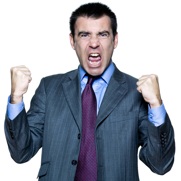 Portrait of an expressive man screaming in studio on isolated white background - Photo, Image