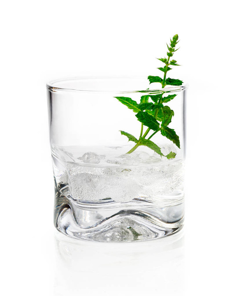 Shot of gin, vermouth or vodka served chilled over ice in a tumbler garnished with fresh herbs on a white background - Fotó, kép