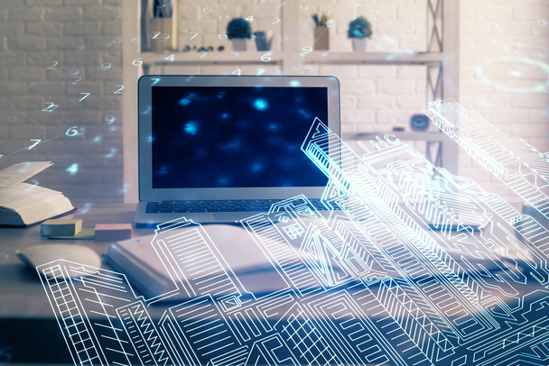 Desktop computer background in office and big town buildings hologram drawing. Double exposure. Smart city concept. - 写真・画像