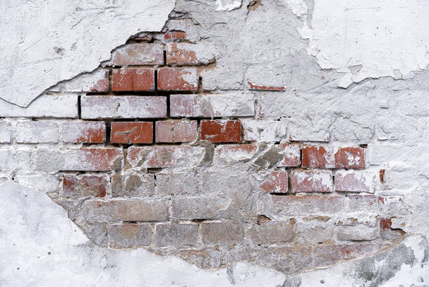 brick wall background with white fallen off plaster. The brick wall is visible from under the white plaster. White stucco and brick wall texture. piece of brick wall under plaster - Photo, image