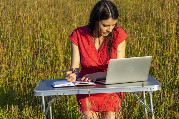 Caucasian girl with a laptop on the nature - Fotografie, Obrázek