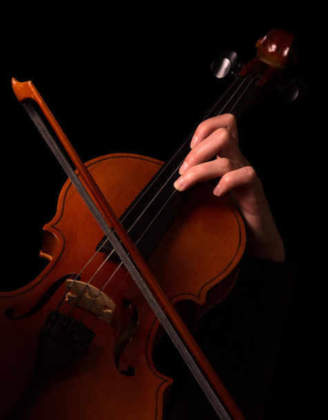 Bow and female fingers on violin strings isolated on black background - Foto, Bild