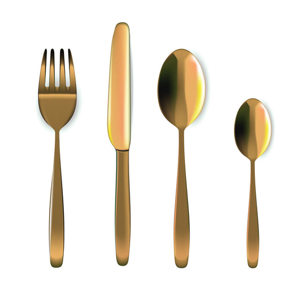 Mallina realistinen kultalusikka, haarukka ja veitsi ruokapöydässä ruokaa eristetty valkoisella taustalla
. - Vektori, kuva