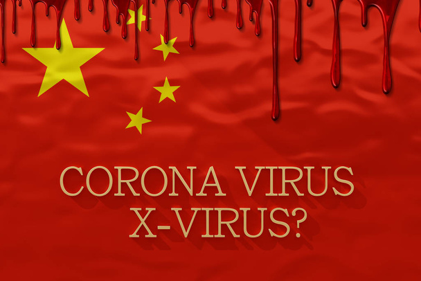 China Bandera con Corona VIRUS 2019nCoV, wchich ha sido descubierto por primera vez en enero de 2020 en la ciudad china de Wuhan. Primer plano del microscopio del coronavirus. Ilustración 3D
 - Foto, Imagen